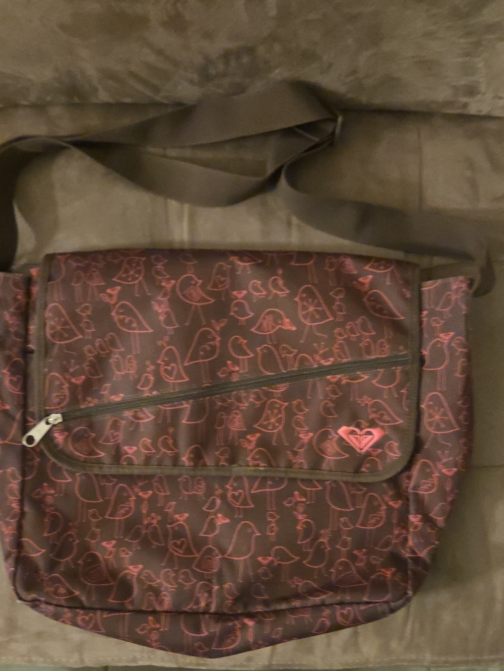 Roxy Brown Shoulder Bag with Pink Bird Outline Print